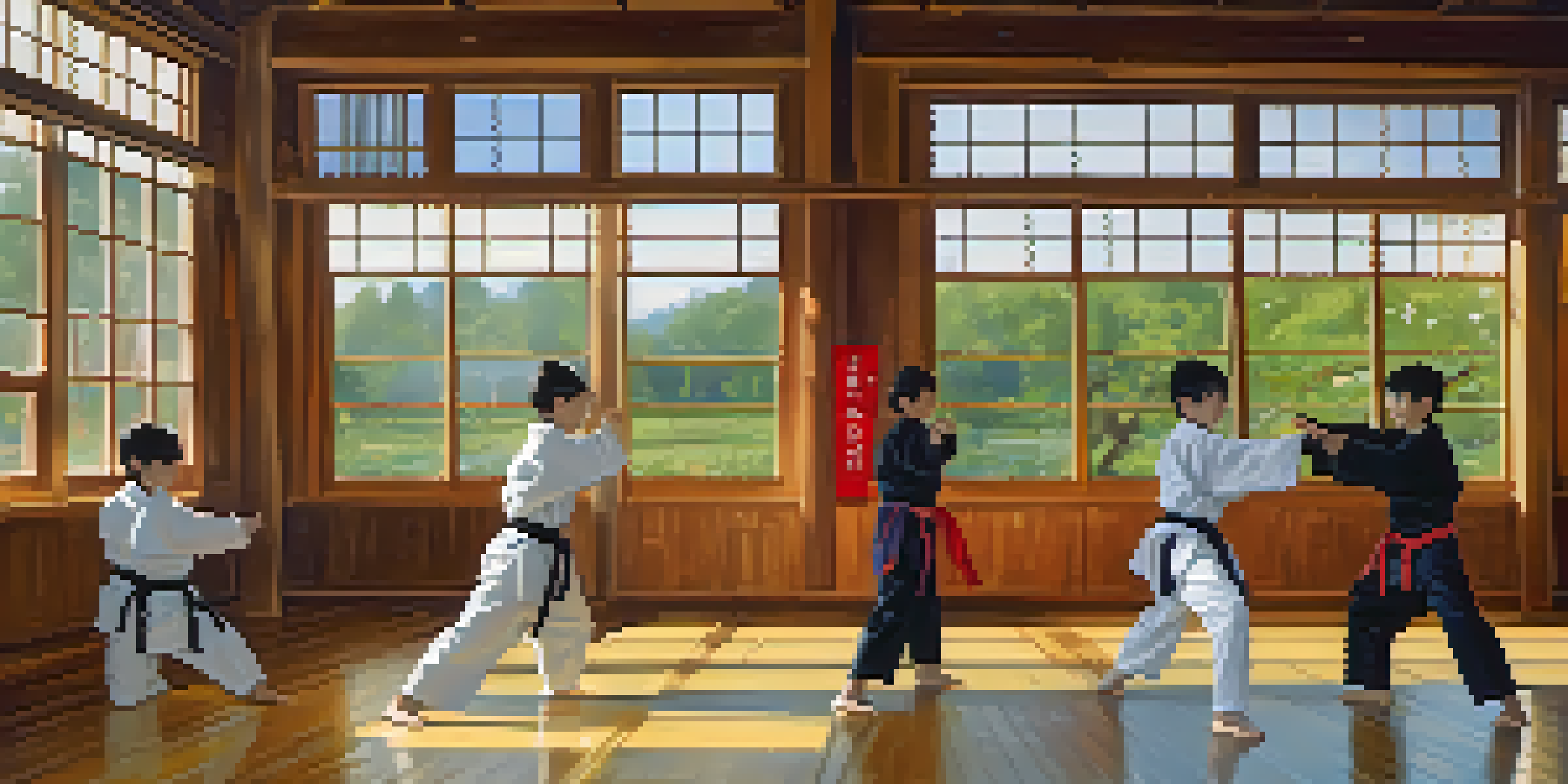 A dojo with students practicing martial arts in eco-friendly uniforms, and a corner displaying gently used training gear for exchange.