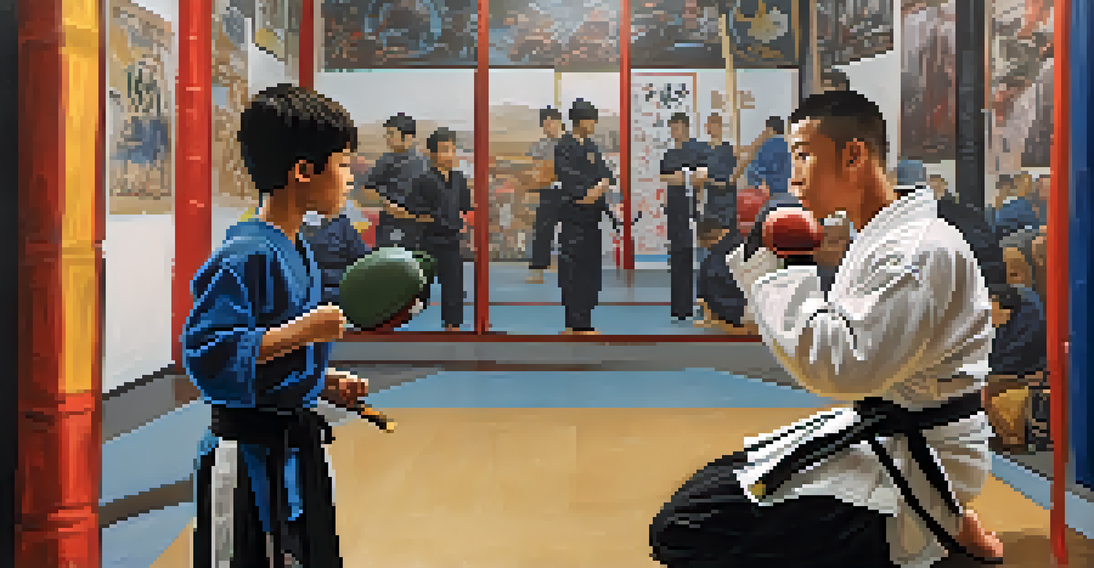 An experienced martial artist mentoring a young student during a training session.