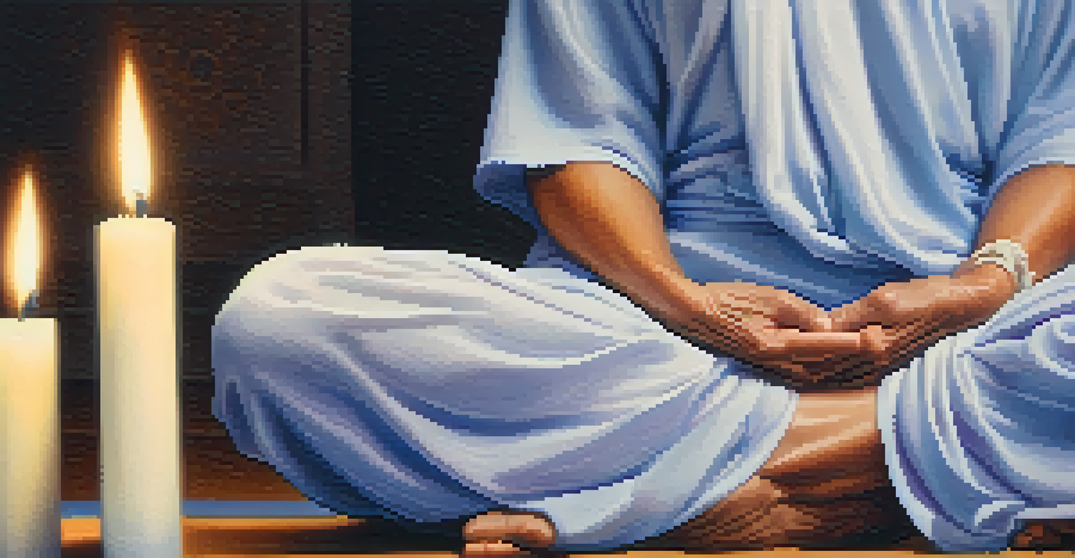 A close-up of an older adult's hands on their abdomen practicing breathing techniques on a yoga mat in a tranquil setting.