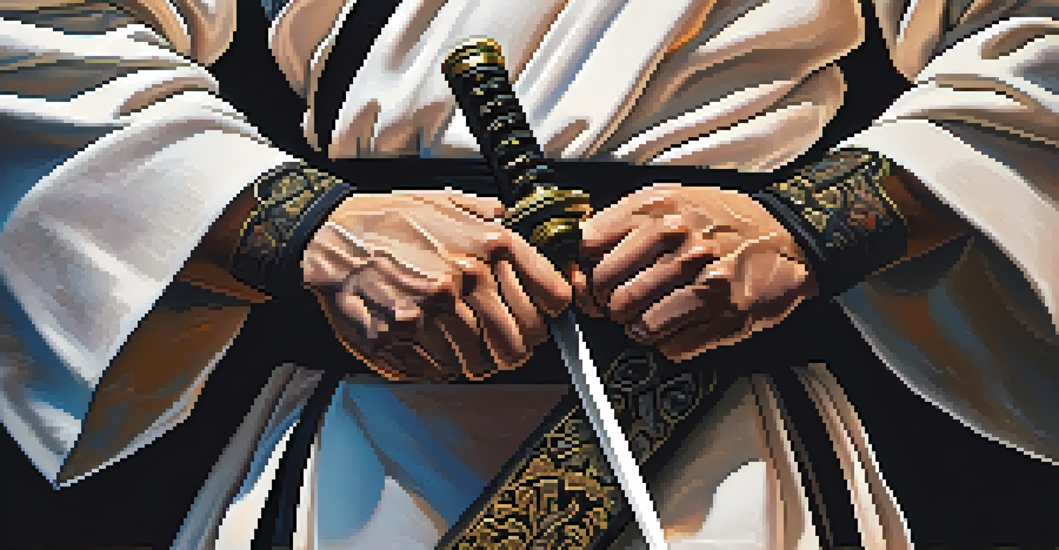 A close-up of a martial artist's hands gripping a sword, showcasing the intricate design of the blade and the texture of their costume.
