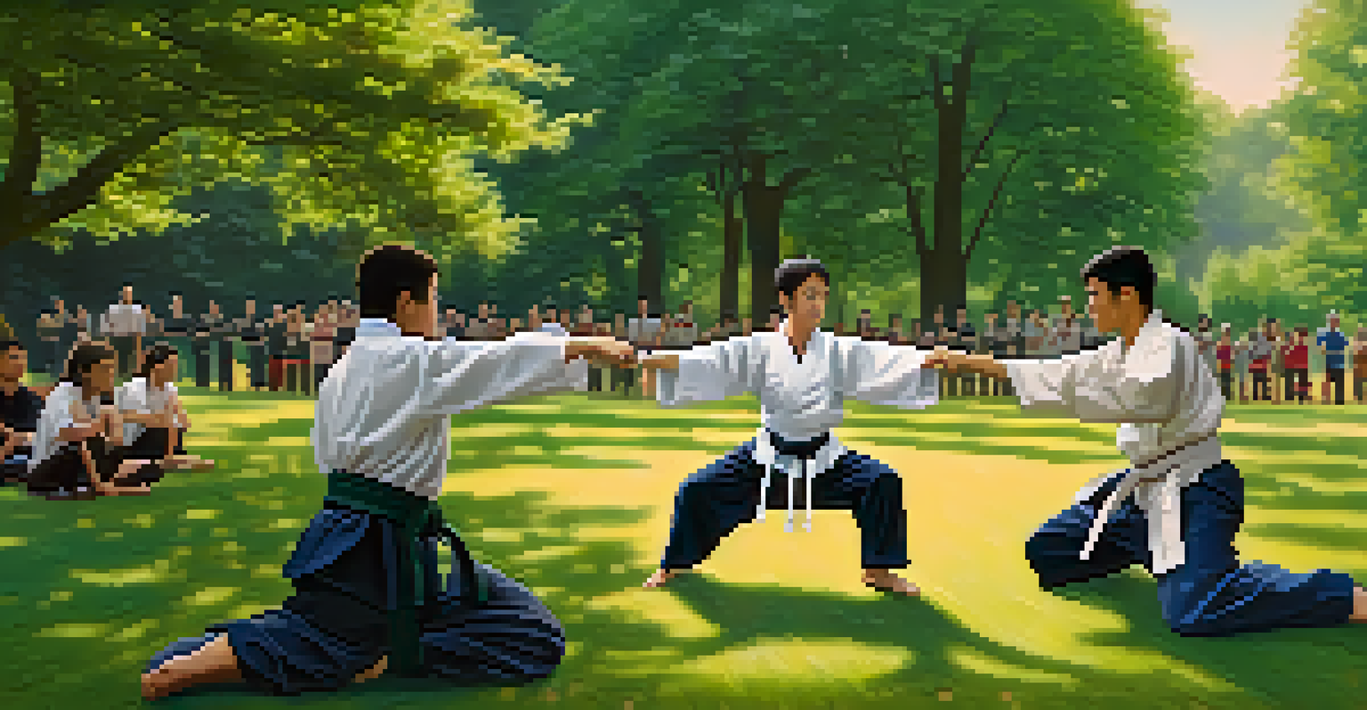 A martial arts instructor teaching self-defense in a park surrounded by greenery and flowers.