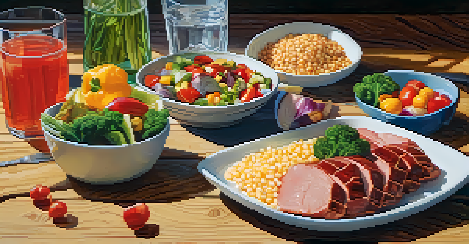 A healthy meal with lean meats, vegetables, and whole grains on a wooden table.