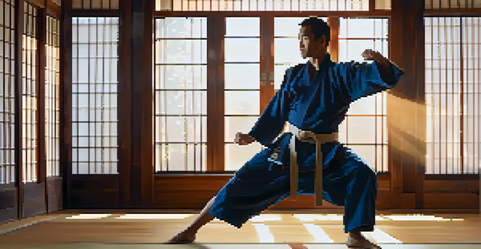 A martial artist standing confidently in a dojo with sunlight illuminating the wooden floor.