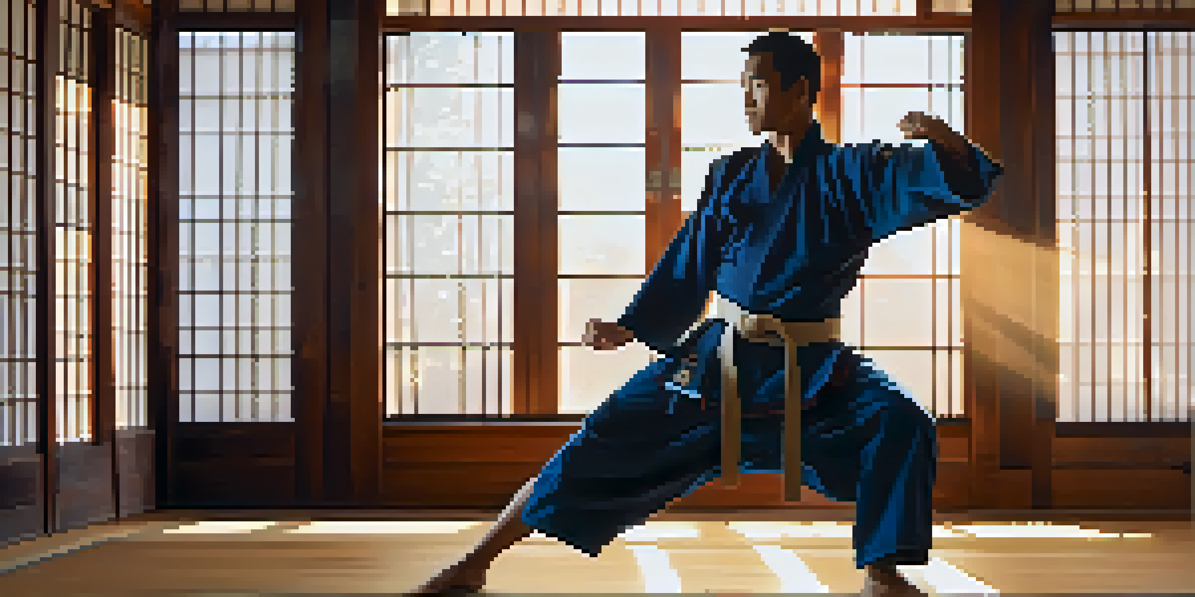 A martial artist standing confidently in a dojo with sunlight illuminating the wooden floor.
