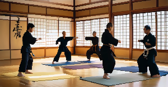 A tranquil martial arts dojo with practitioners performing kata, illuminated by natural light.