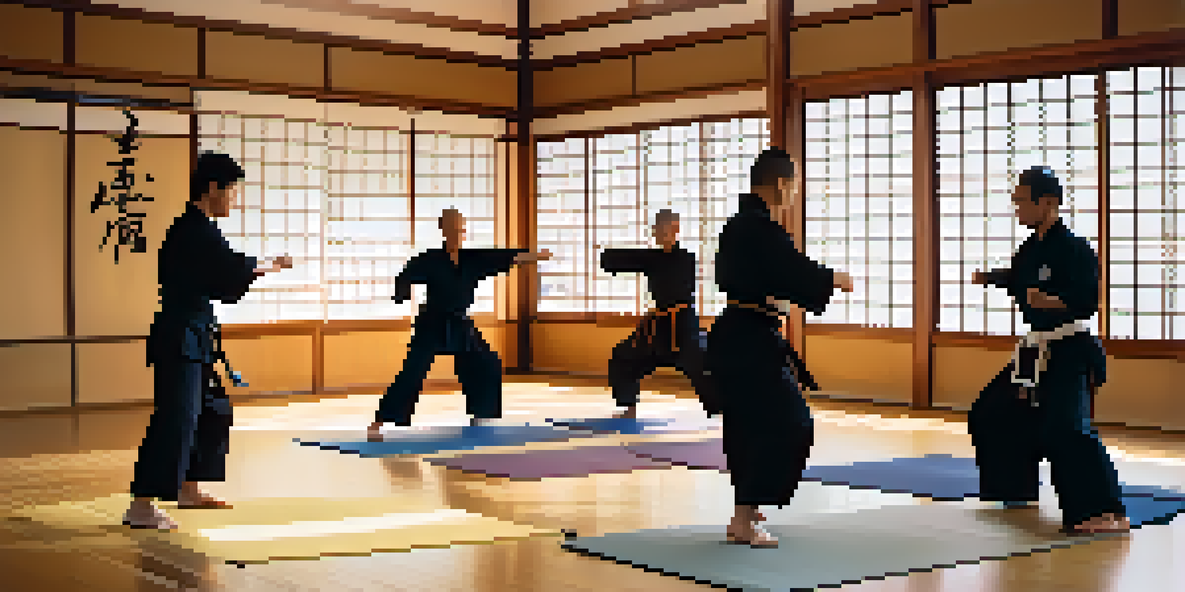 A tranquil martial arts dojo with practitioners performing kata, illuminated by natural light.