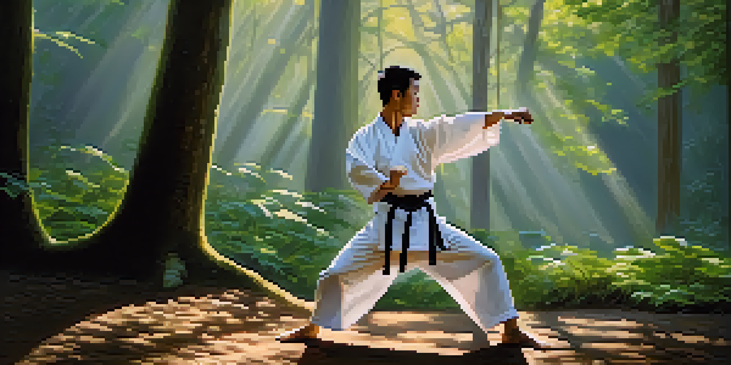 A martial arts practitioner in a traditional gi performing a kata in a misty forest at sunrise, surrounded by greenery and soft sunlight.