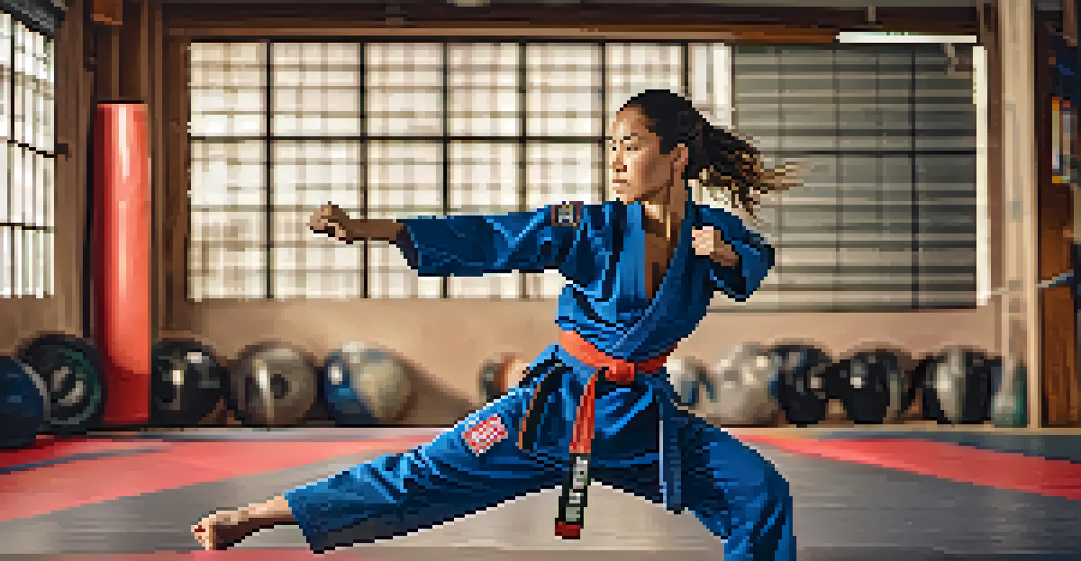 A close-up portrait of a female martial artist in a fierce stance, wearing a black belt.