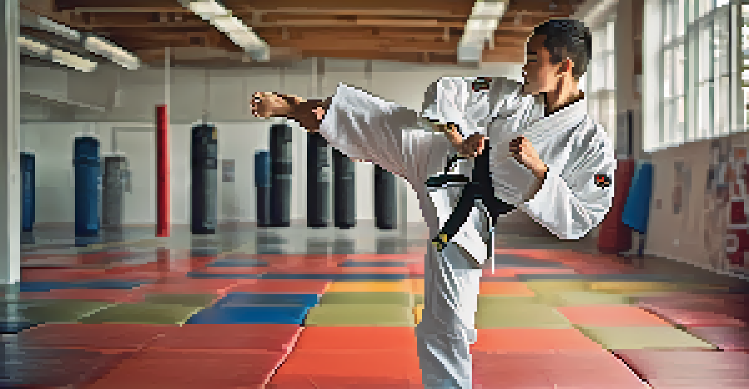 A martial artist performing a high kick in a training facility, showcasing strength and focus.
