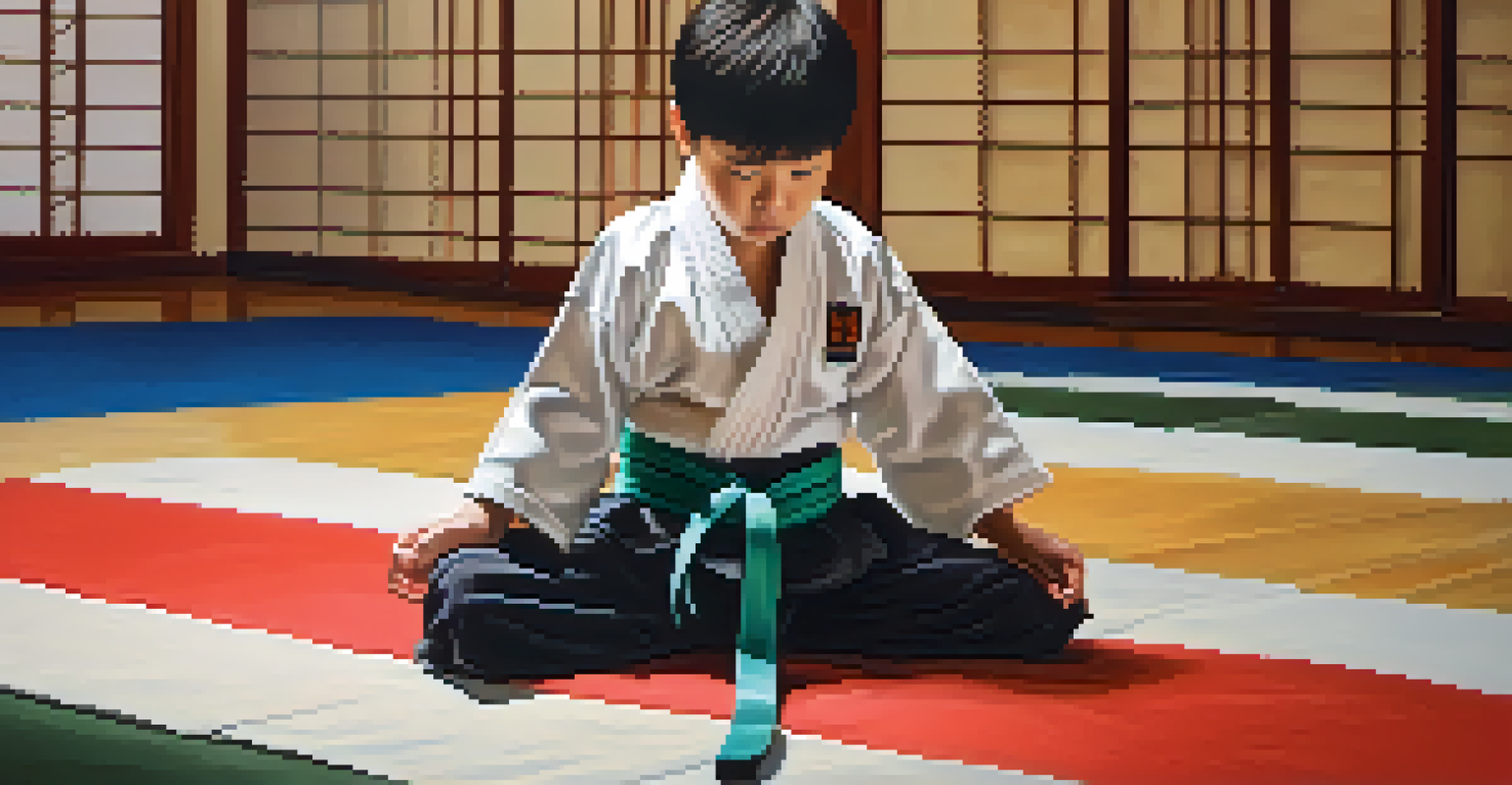 A young child sitting on a tatami mat tying their martial arts belt with a focused expression in a dojo setting.