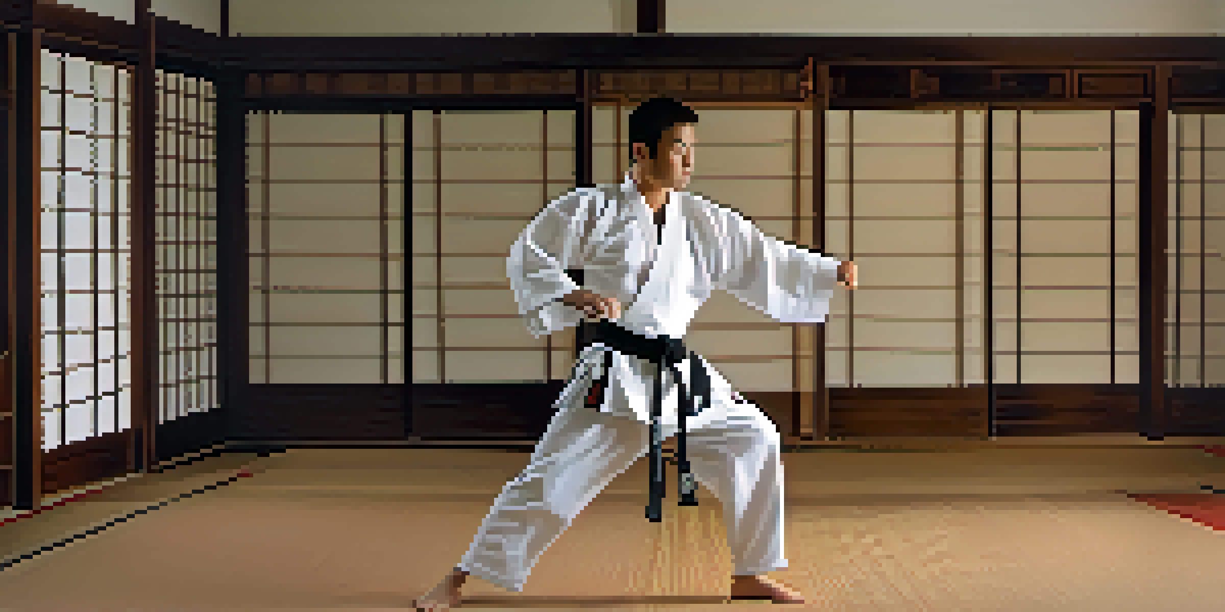 A martial artist practicing a kata in a dojo, with focused expression and flowing movements, illuminated by soft natural light.