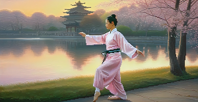 A Tai Chi practitioner in a serene park performing graceful movements at sunrise, surrounded by cherry blossom trees.