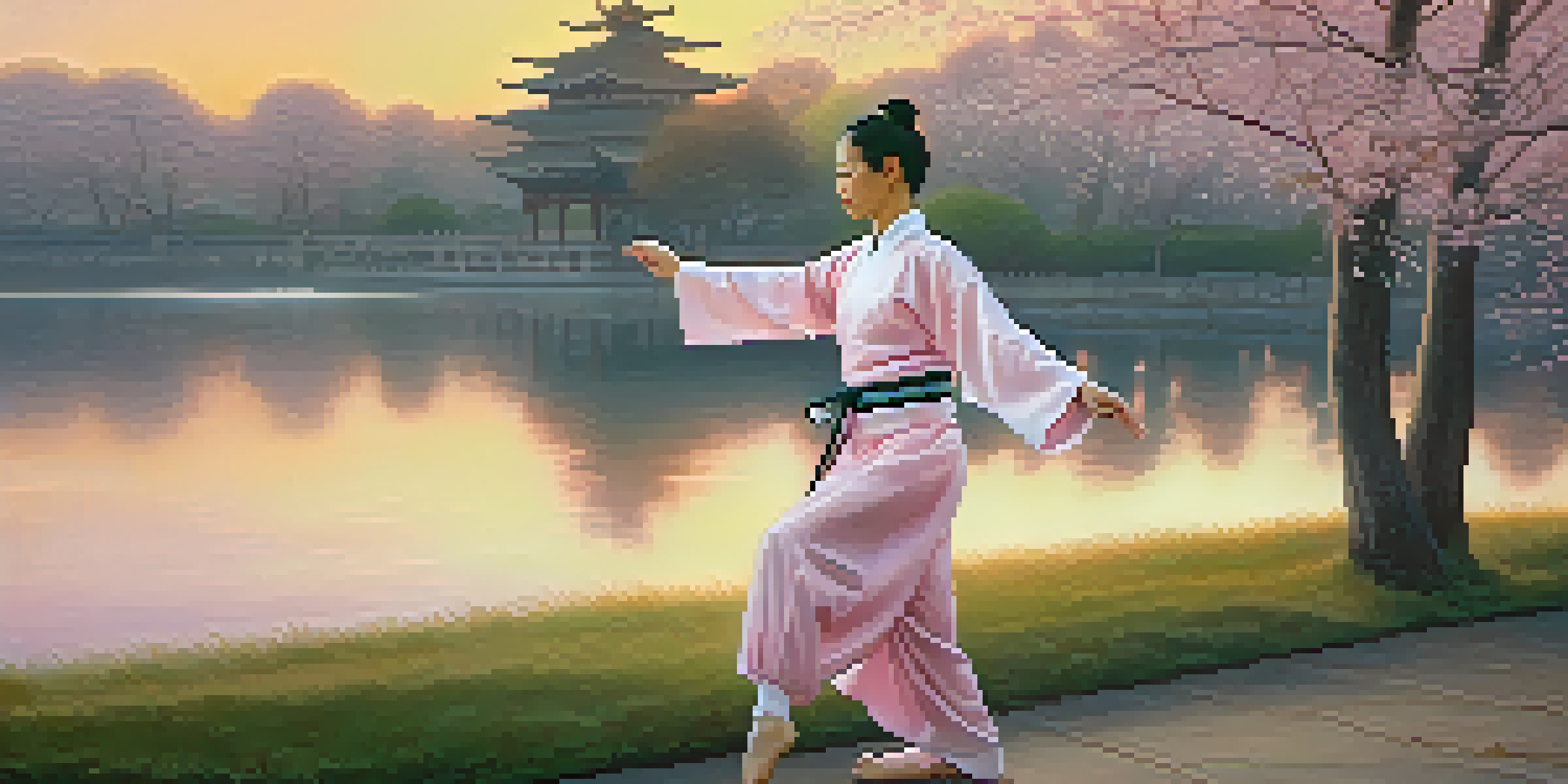 A Tai Chi practitioner in a serene park performing graceful movements at sunrise, surrounded by cherry blossom trees.