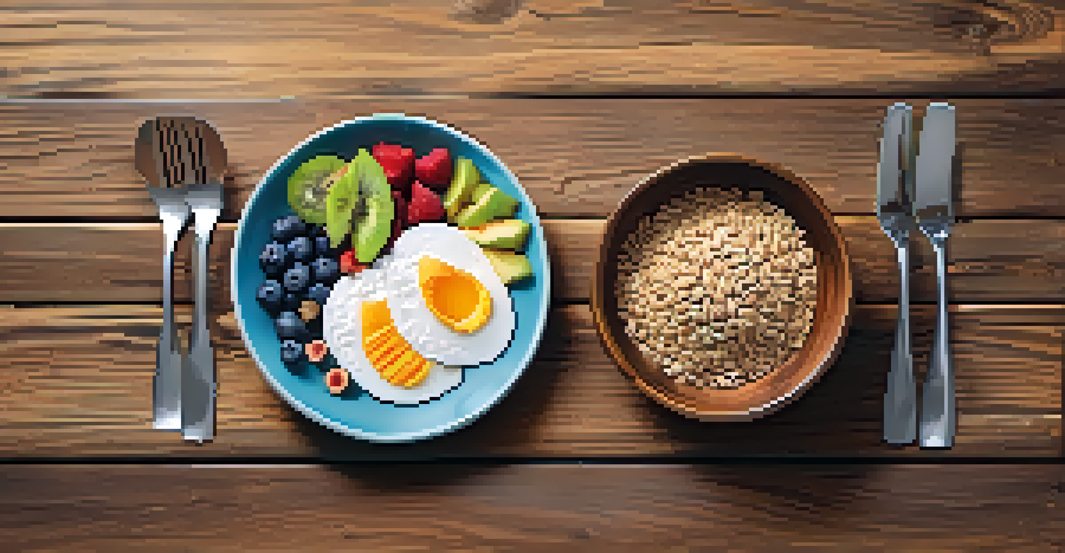 An overhead view of a colorful pre-workout meal on a rustic table, illustrating the balance of whole grains, fruits, and protein.