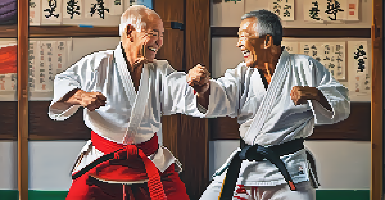 Two senior martial artists smiling and encouraging each other during practice in a dojo.