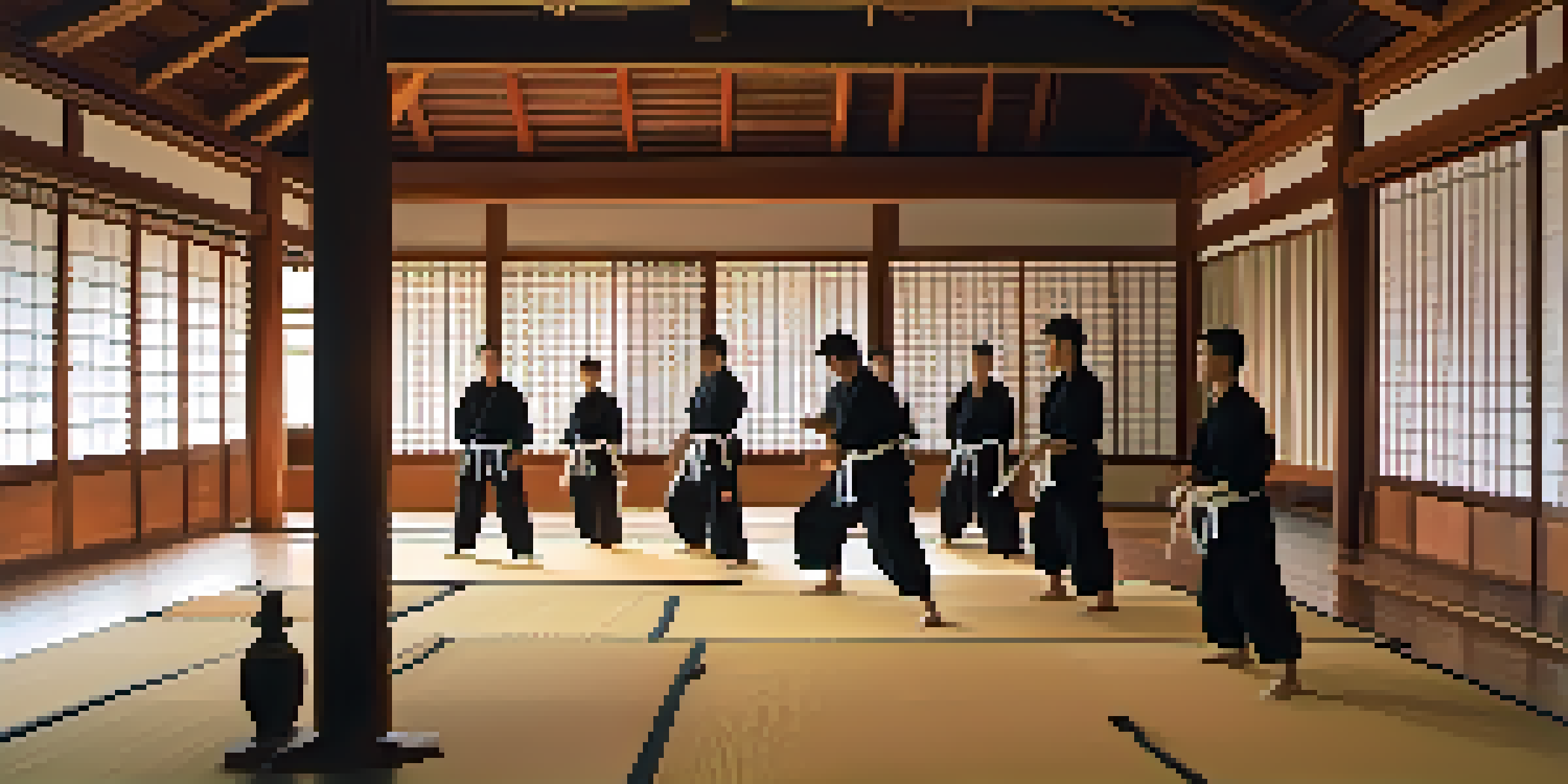 A peaceful dojo with martial artists practicing, surrounded by traditional decor and soft sunlight.