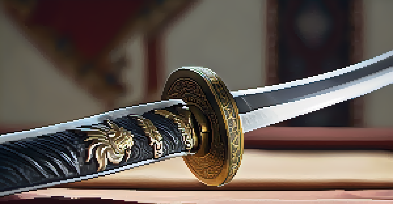 A close-up of a martial artist's hand holding a katana, showcasing the intricate details of the sword and a softly blurred background.