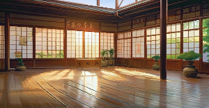 A calm martial arts dojo with practitioners performing a kata, illuminated by sunset light, with traditional symbols on the walls.