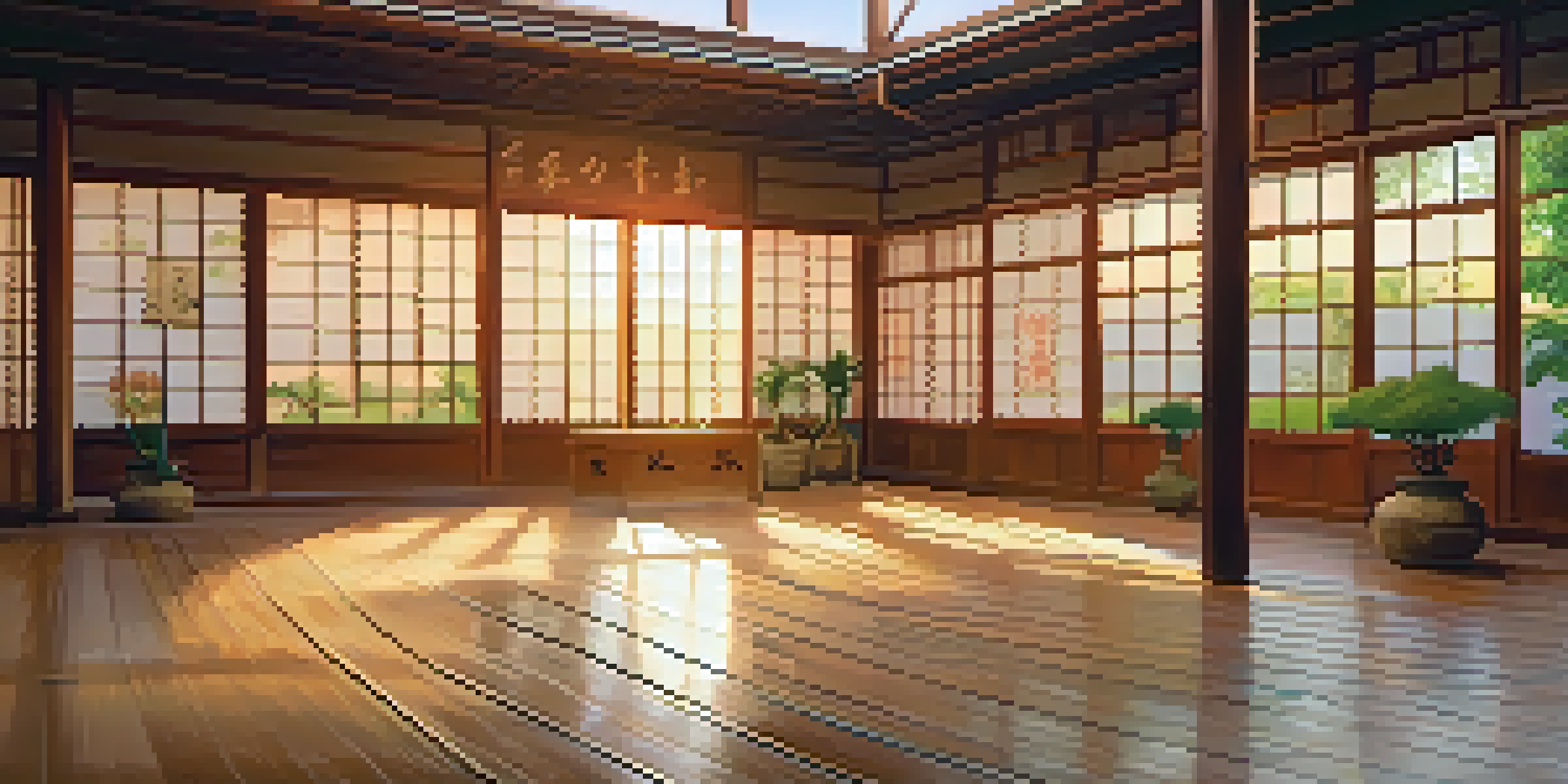 A calm martial arts dojo with practitioners performing a kata, illuminated by sunset light, with traditional symbols on the walls.
