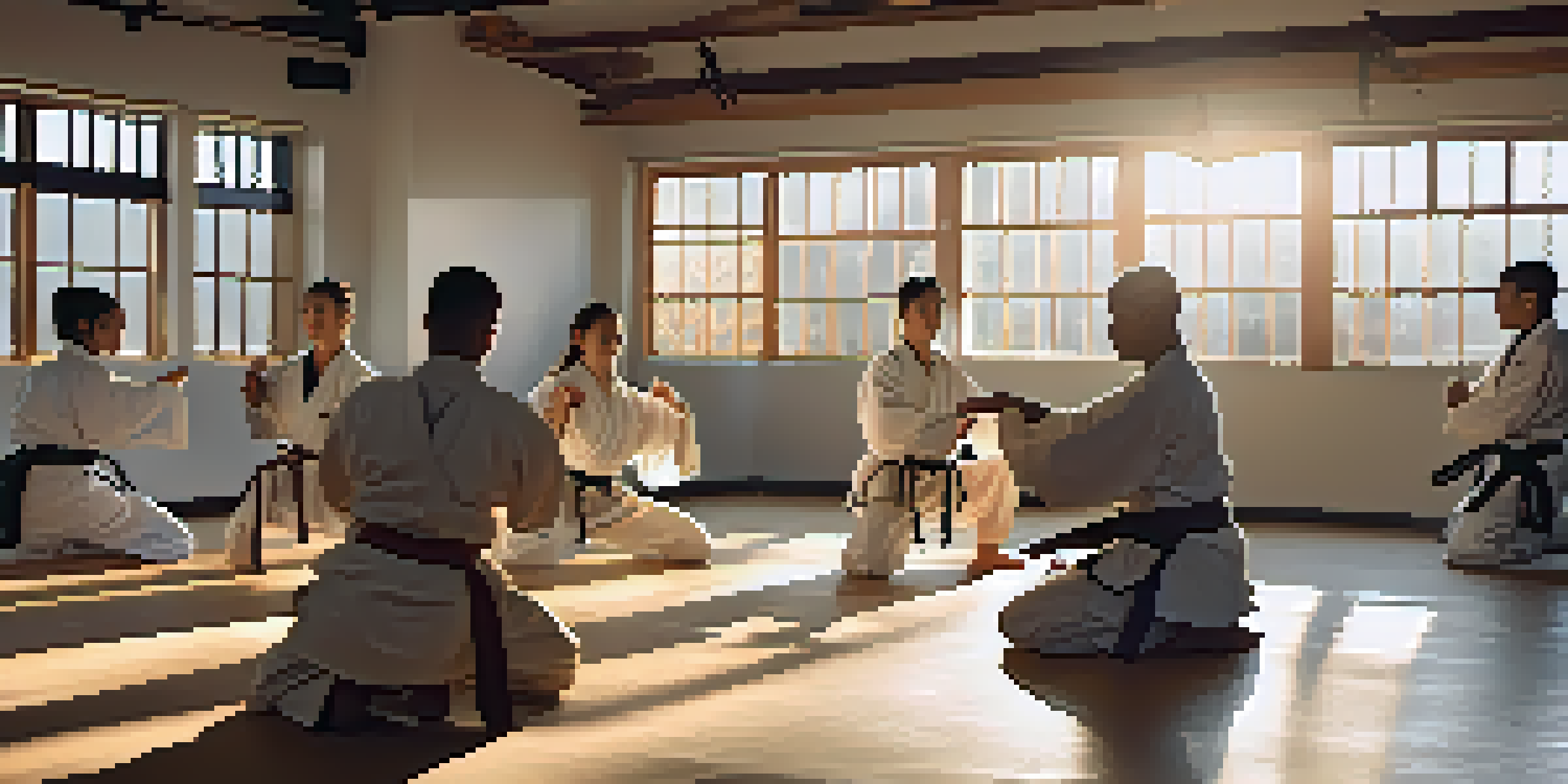 A diverse group of martial arts students practicing in a dojo, displaying teamwork and friendship.