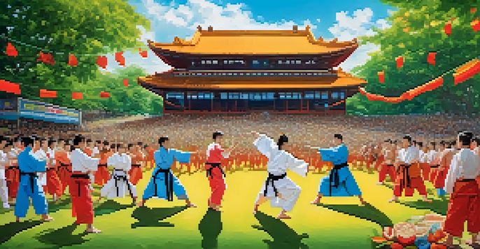 An outdoor martial arts competition with athletes in eco-friendly uniforms, surrounded by greenery and colorful banners, with spectators enjoying organic food.