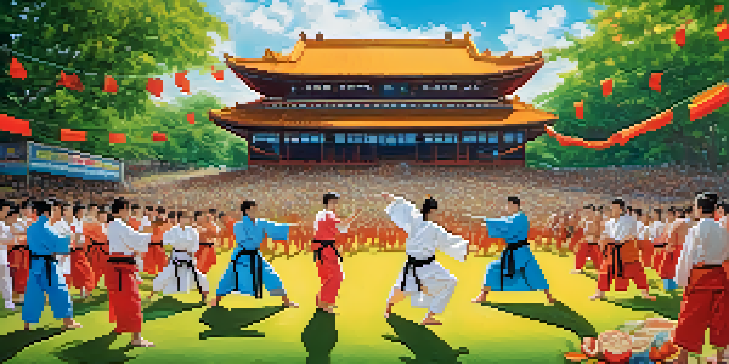 An outdoor martial arts competition with athletes in eco-friendly uniforms, surrounded by greenery and colorful banners, with spectators enjoying organic food.