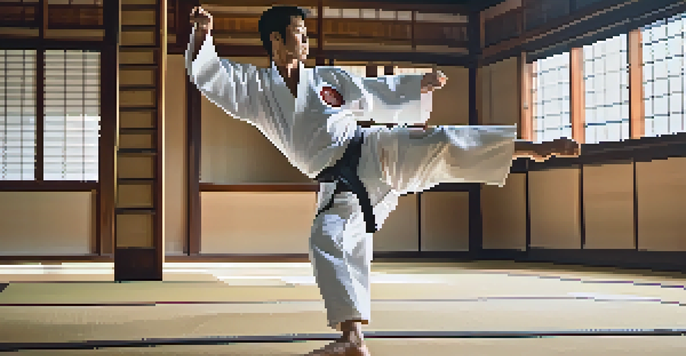 A martial artist performing a high roundhouse kick in a traditional dojo with natural light and wooden decor.