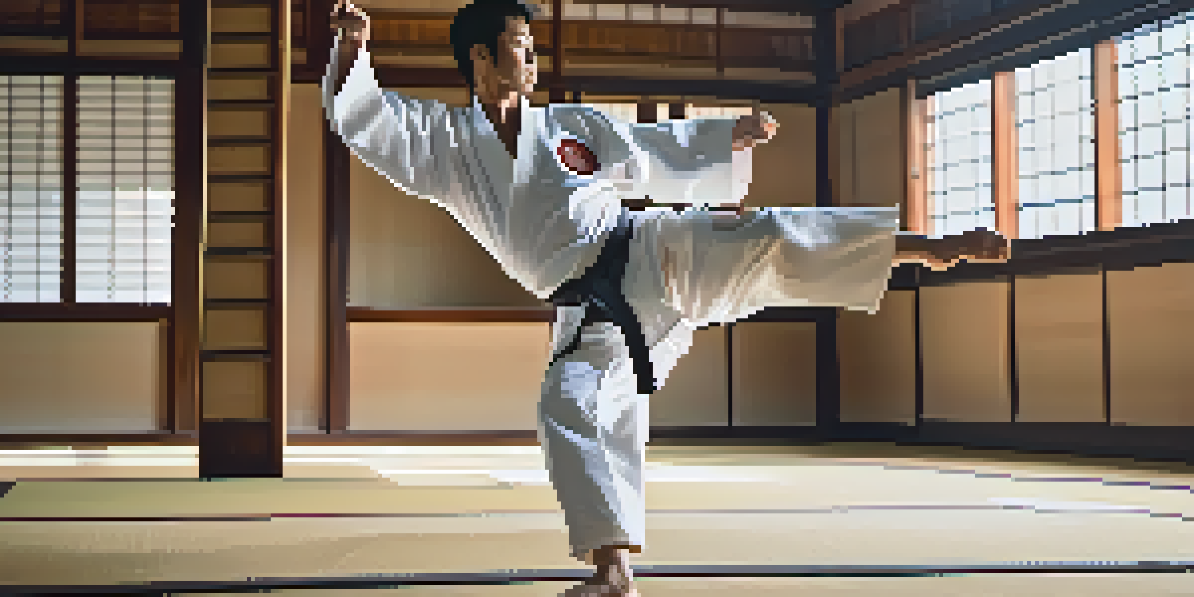 A martial artist performing a high roundhouse kick in a traditional dojo with natural light and wooden decor.