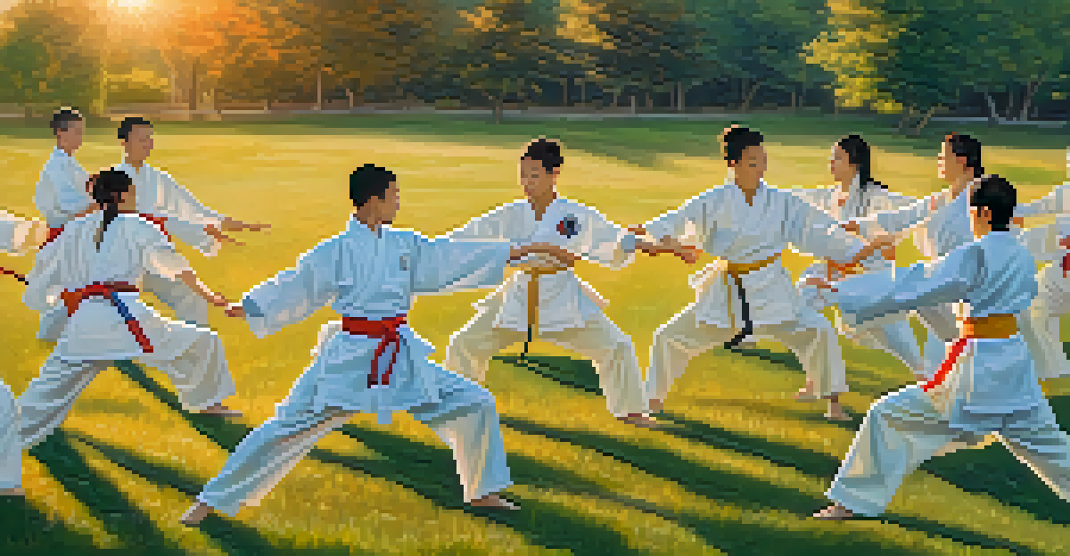 A group of martial artists practicing synchronized movements outdoors during sunset in a park.