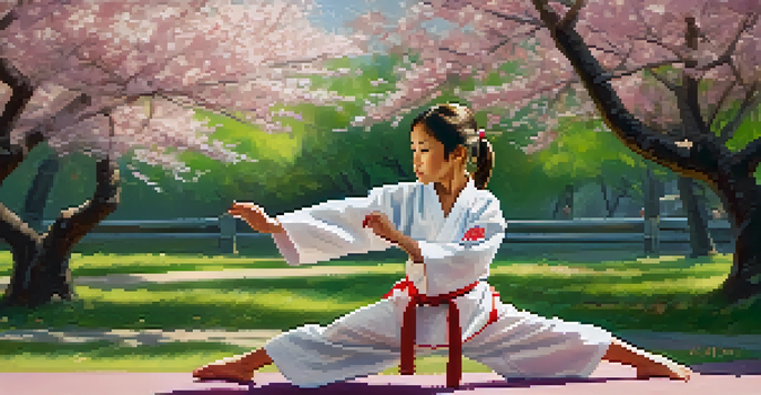 A young girl in a karate gi practicing a high kick in a park with cherry blossom trees.