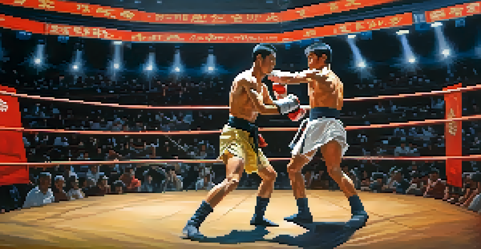 Two martial artists sparring in a competition, with spectators in the background and dynamic action poses.