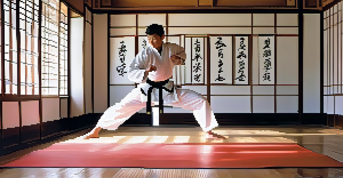 A peaceful dojo with a practitioner in a white gi performing a kata, illuminated by soft morning light.