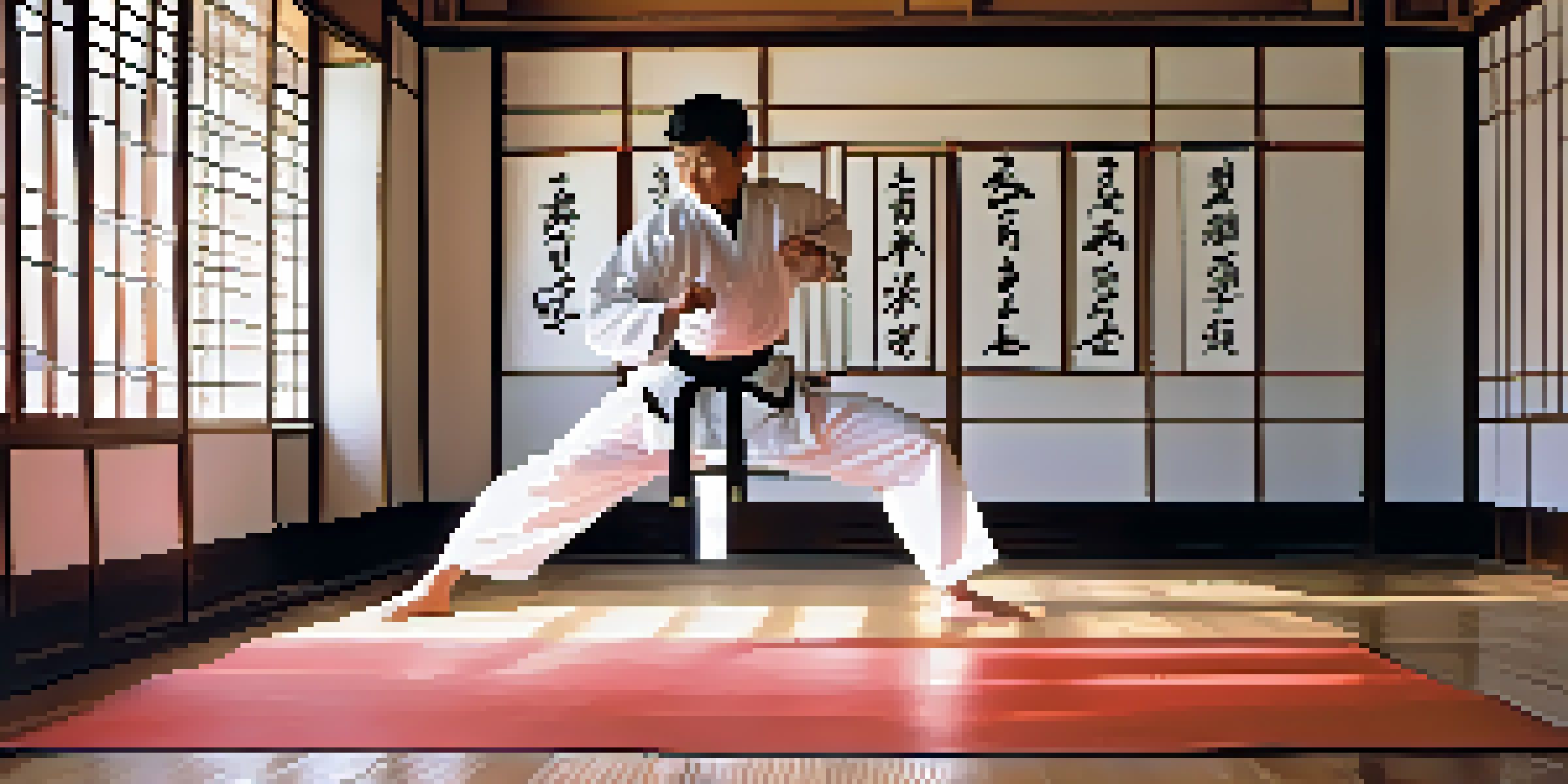 A peaceful dojo with a practitioner in a white gi performing a kata, illuminated by soft morning light.
