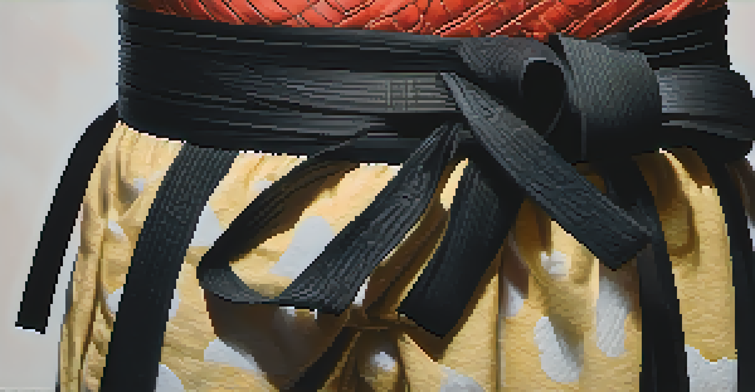 A close-up of a black belt tied around a waist, emphasizing its intricate patterns and symbolic significance in martial arts.