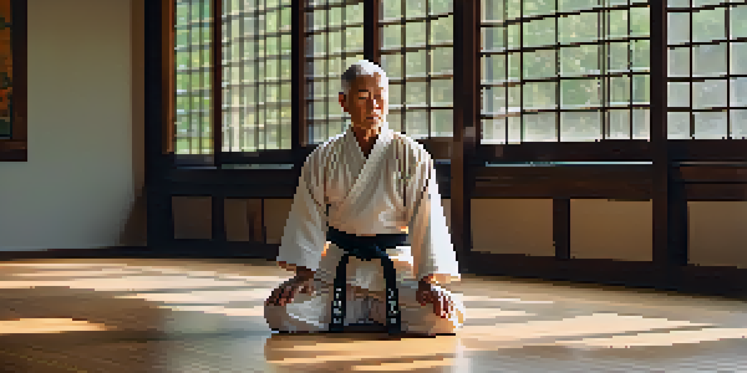 An older adult meditating in a martial arts dojo, focusing on breath control with natural light and plants in the background.