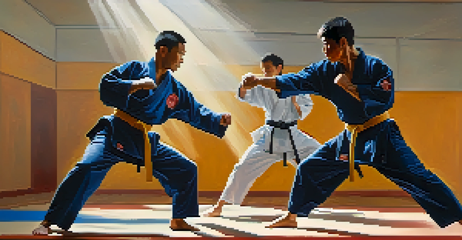 Two martial artists engaged in a sparring match, showcasing concentration and the art of movement.