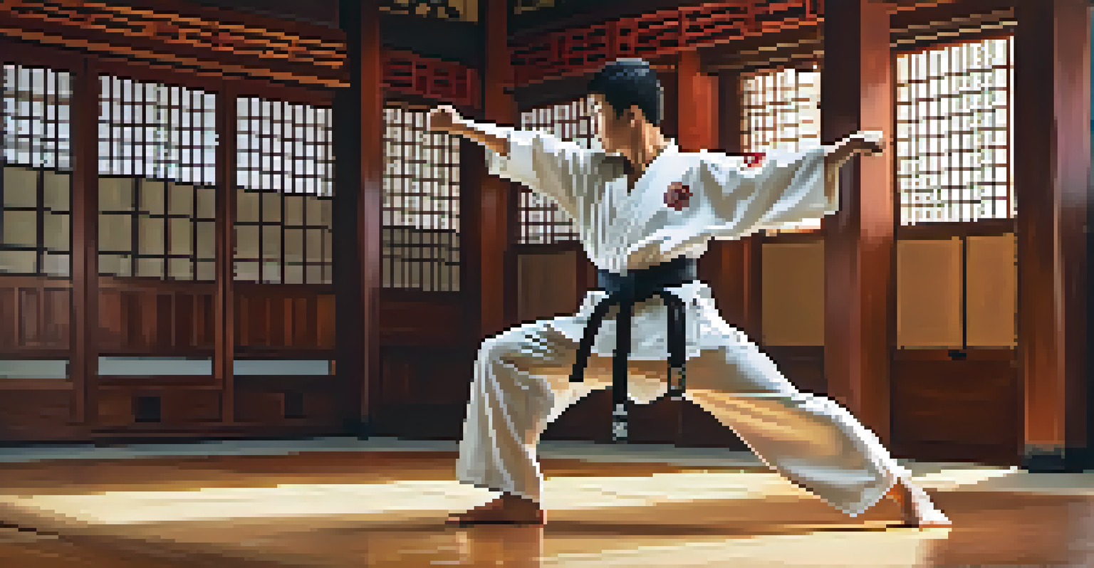 A martial artist delivering a strong kick in a dojo, demonstrating strength and focus.