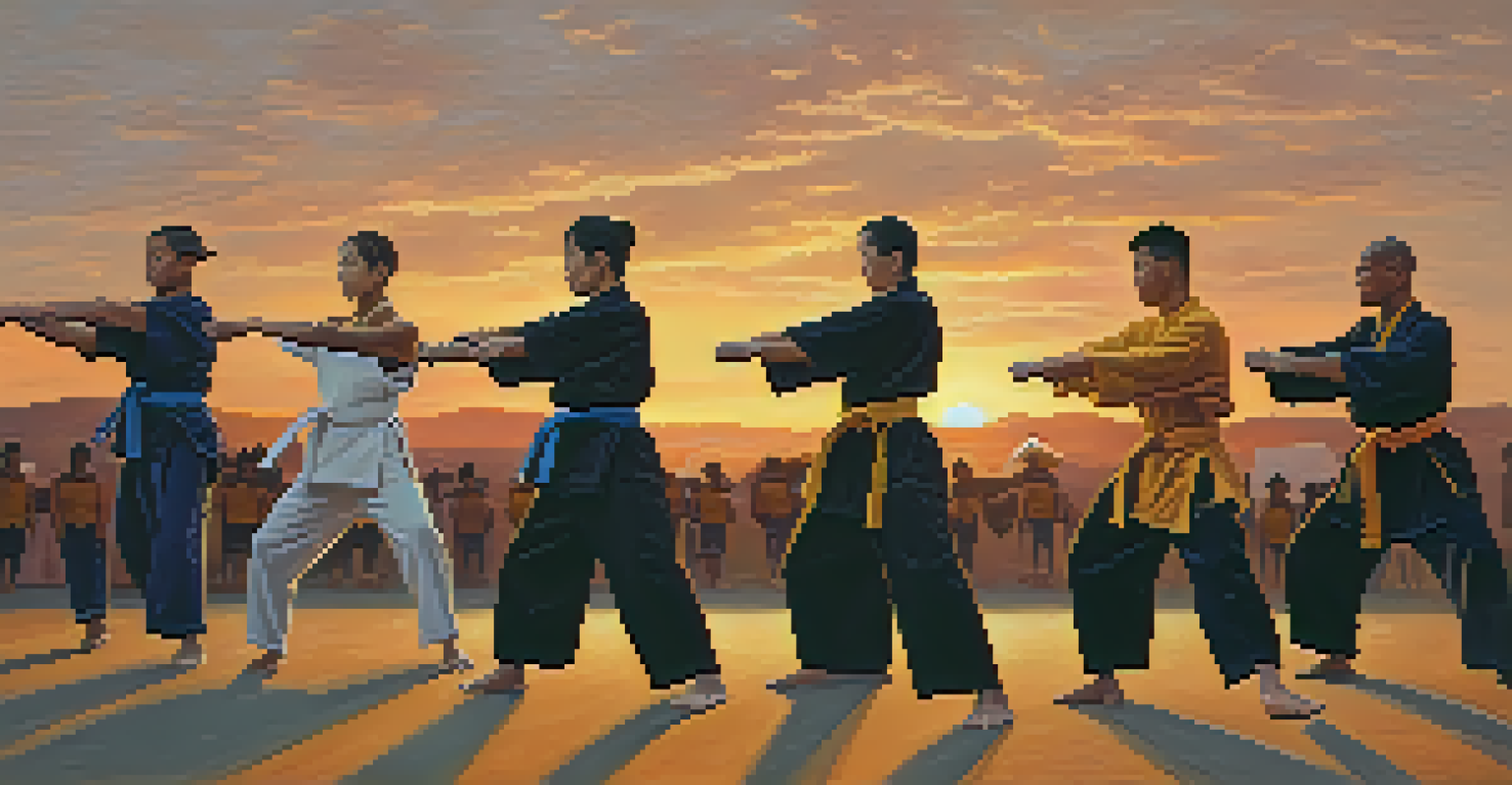 A group of martial artists training outdoors at sunset, performing synchronized movements.