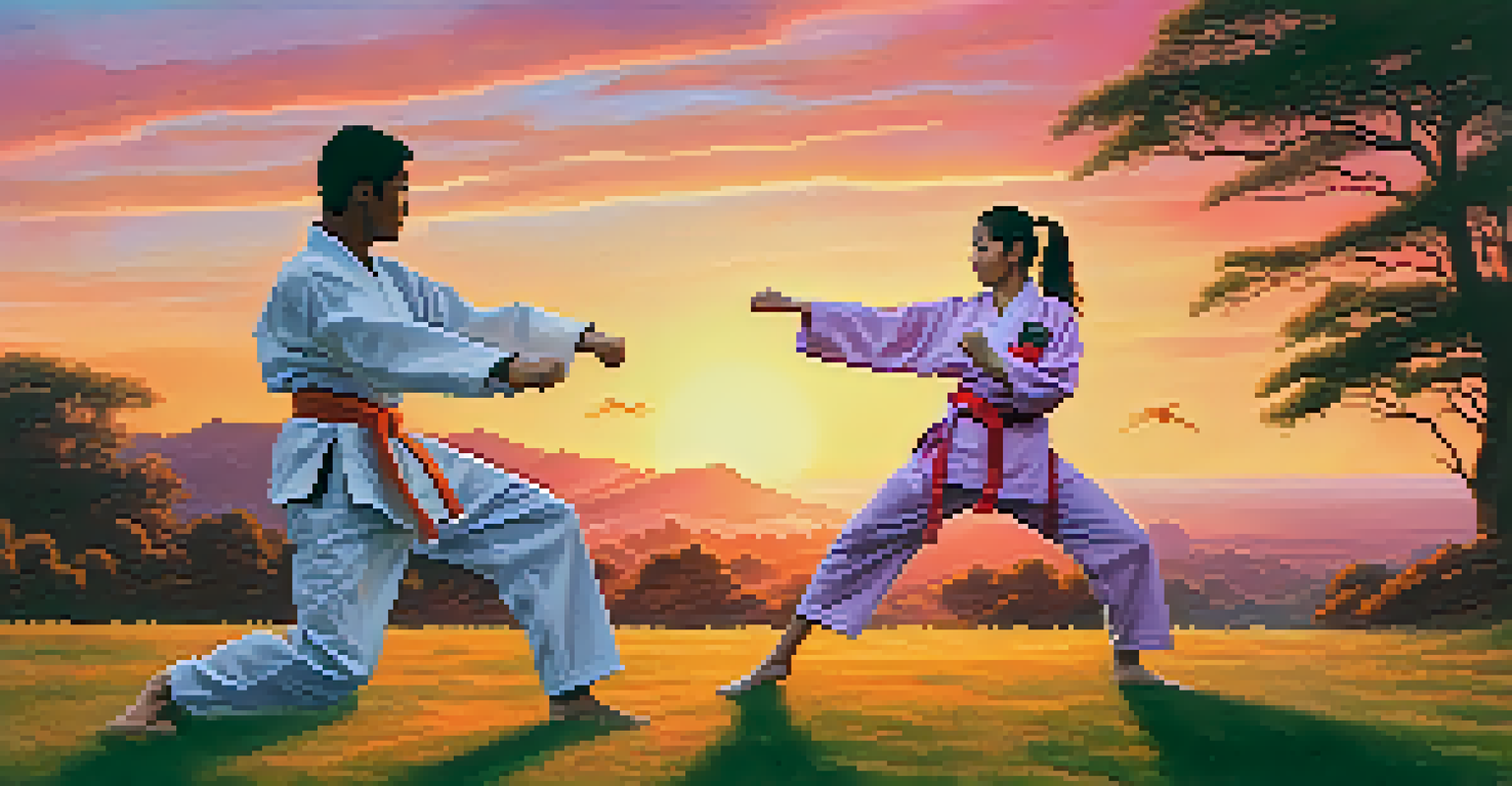 A group of diverse martial artists training outdoors at sunset, showcasing various techniques.