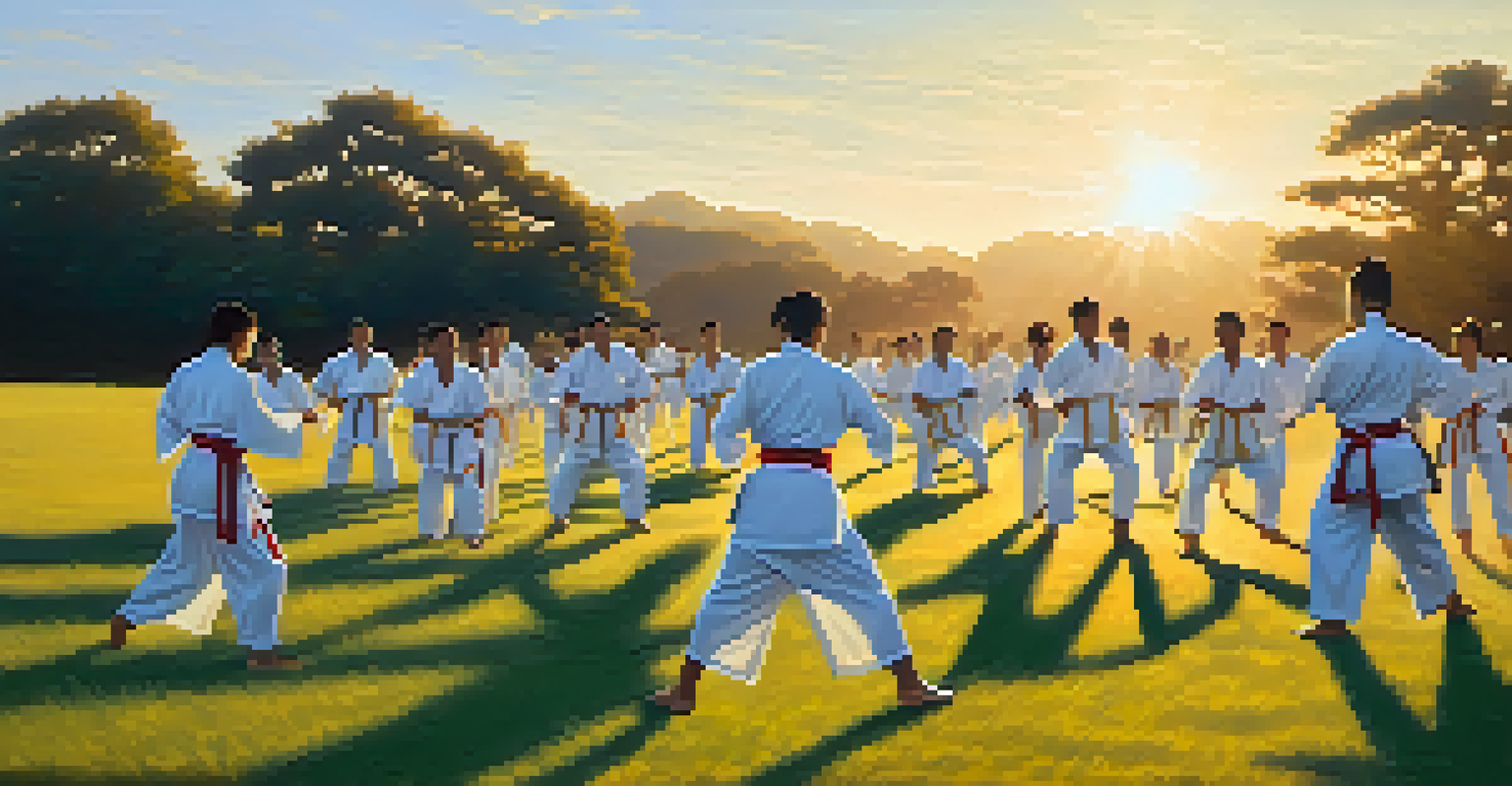 A group of martial artists performing katas in a grassy field during sunrise, with golden light highlighting their movements.