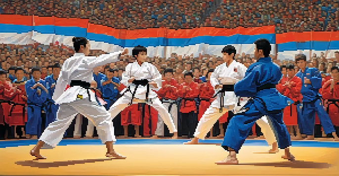 A taekwondo match in a tournament setting, showing two competitors in action with a cheering crowd in the background.
