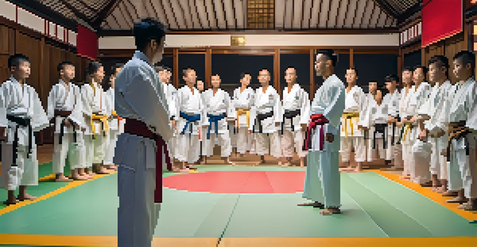 A martial arts coach demonstrating a technique to students on a training mat in a dojo.