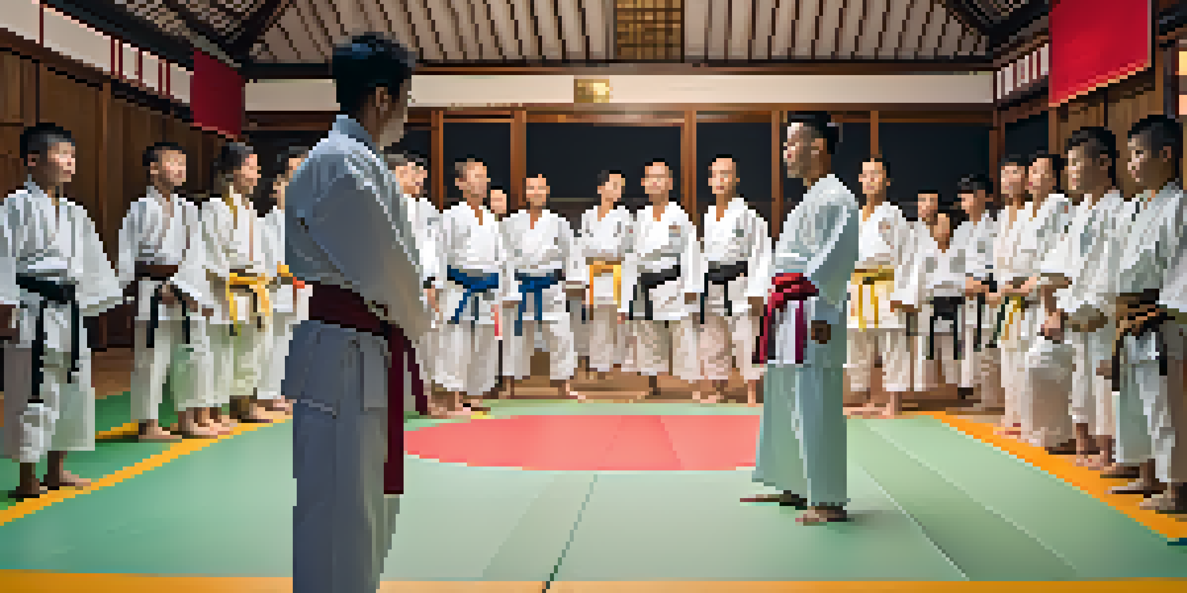 A martial arts coach demonstrating a technique to students on a training mat in a dojo.