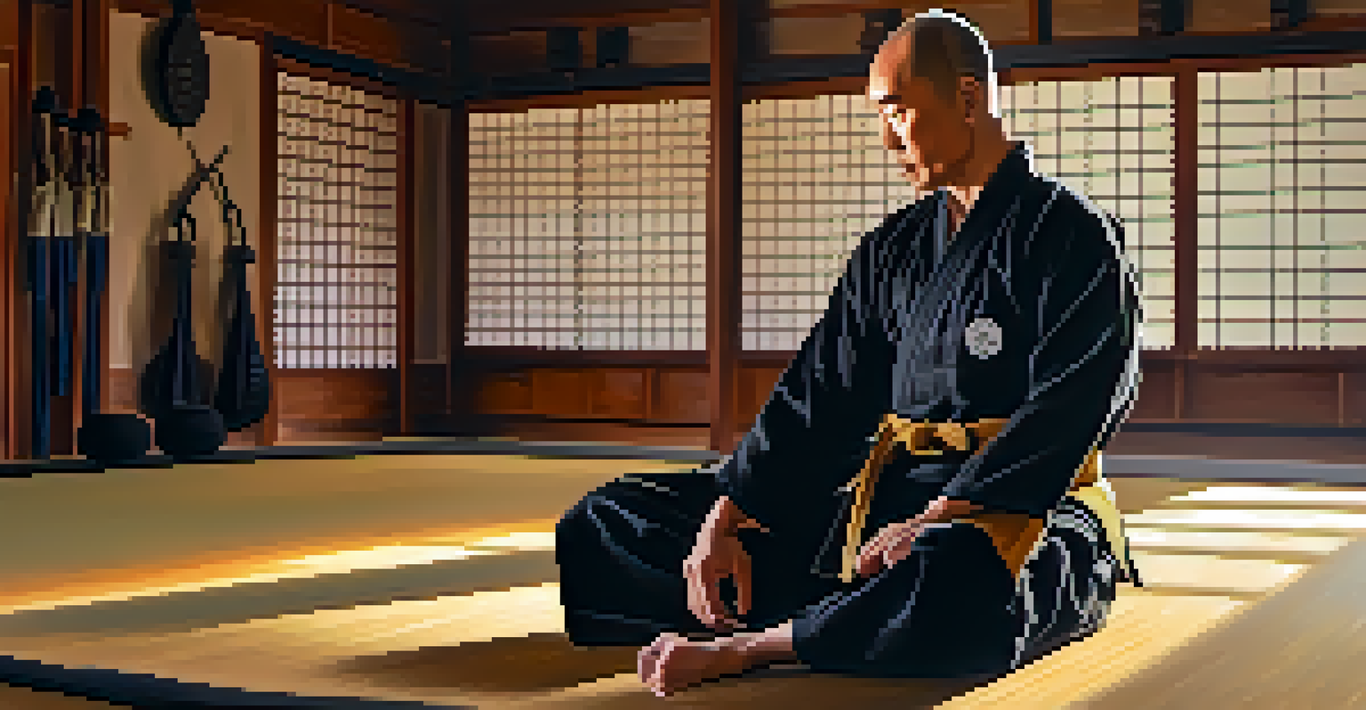 A seasoned martial arts instructor in a dojo, wearing a black belt and traditional gi, with sunlight filtering through the windows.
