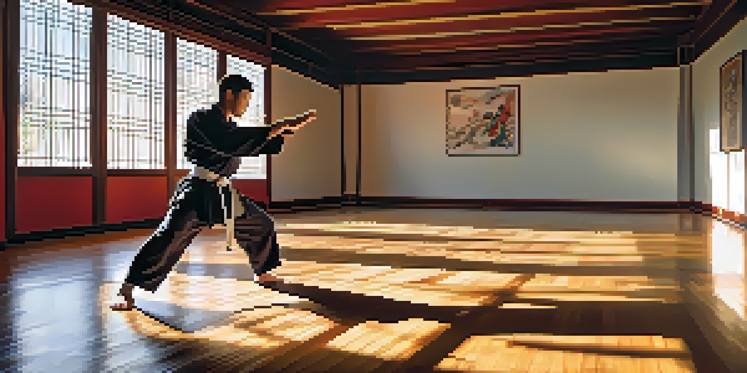 A martial artist performing shadow fighting in a well-lit dojo, showcasing dynamic movements and wearing a colorful uniform.
