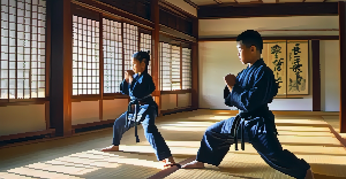 A young martial arts student practicing in a dojo, with an instructor observing in a supportive manner.