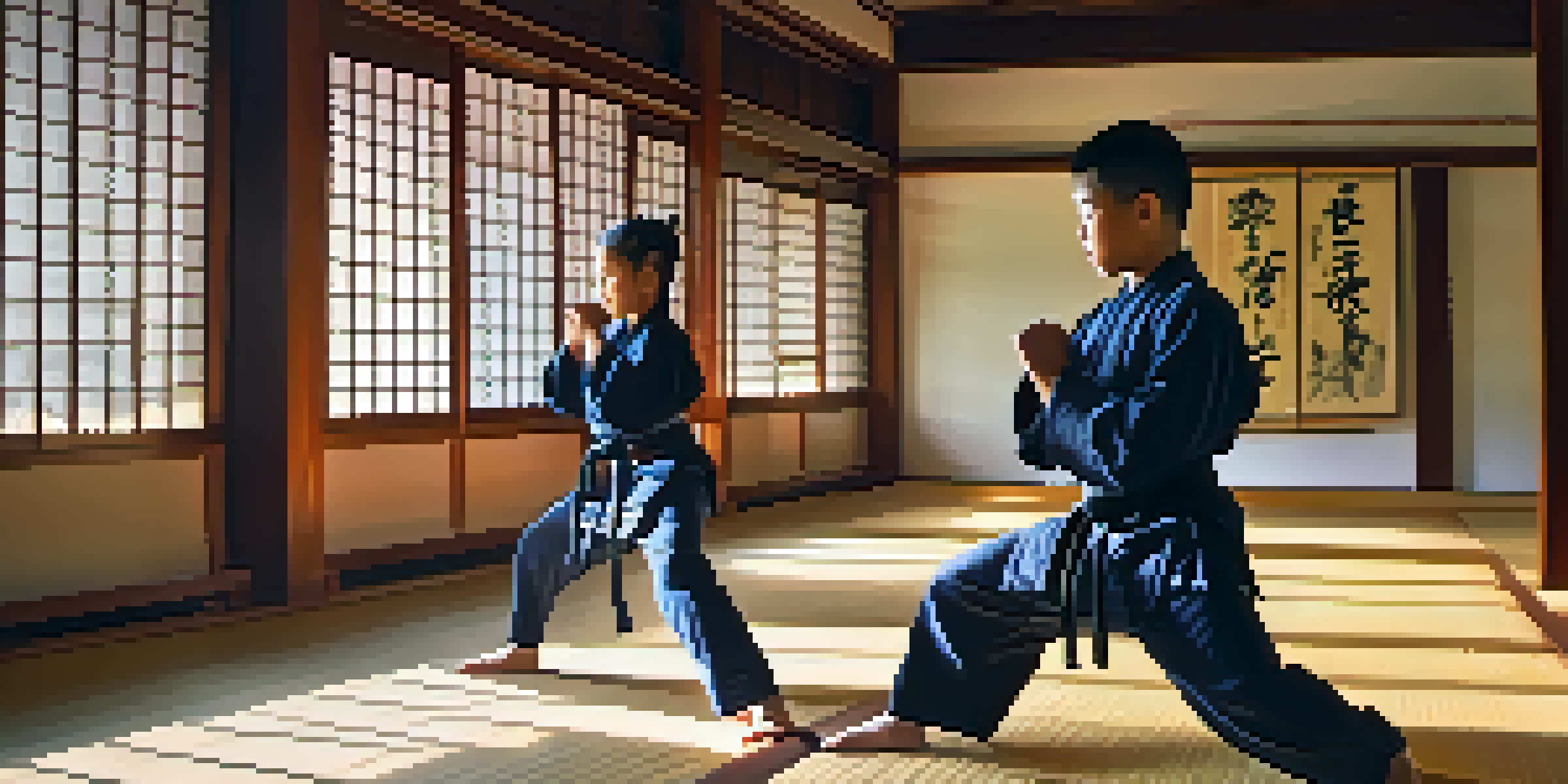 A young martial arts student practicing in a dojo, with an instructor observing in a supportive manner.