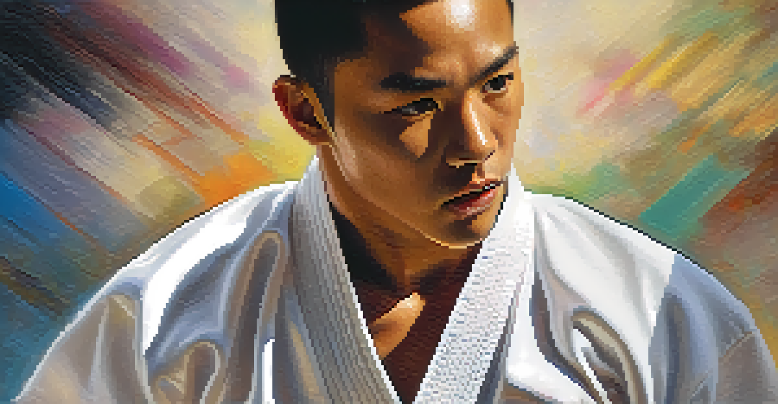 A karate practitioner in a white gi performing a kata with a focused expression, captured in a close-up shot.