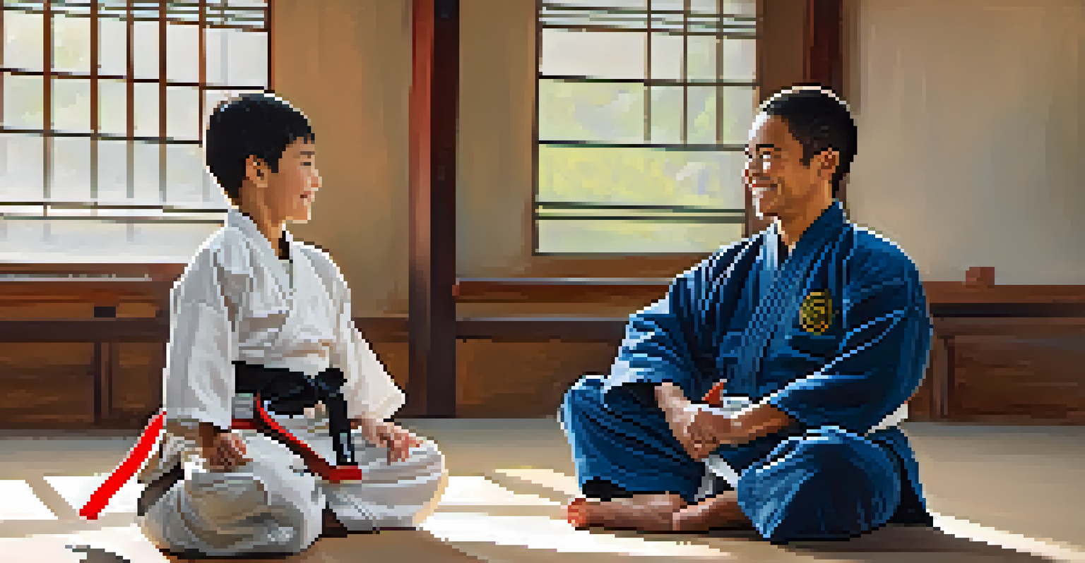 A martial arts instructor smiling and mentoring a young student in a bright dojo.