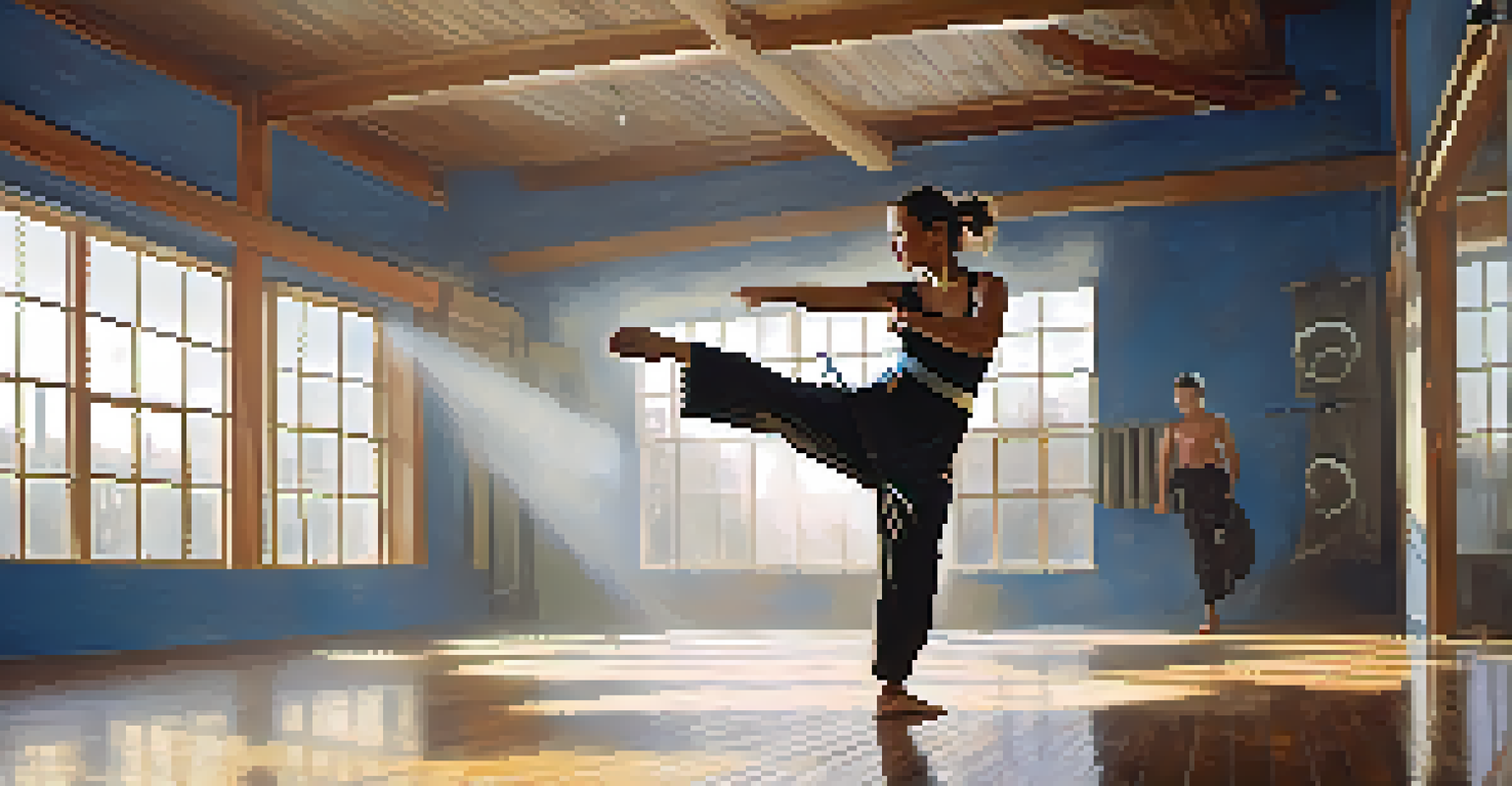 A martial artist performing a high kick in a well-lit training studio, demonstrating strength and focus.